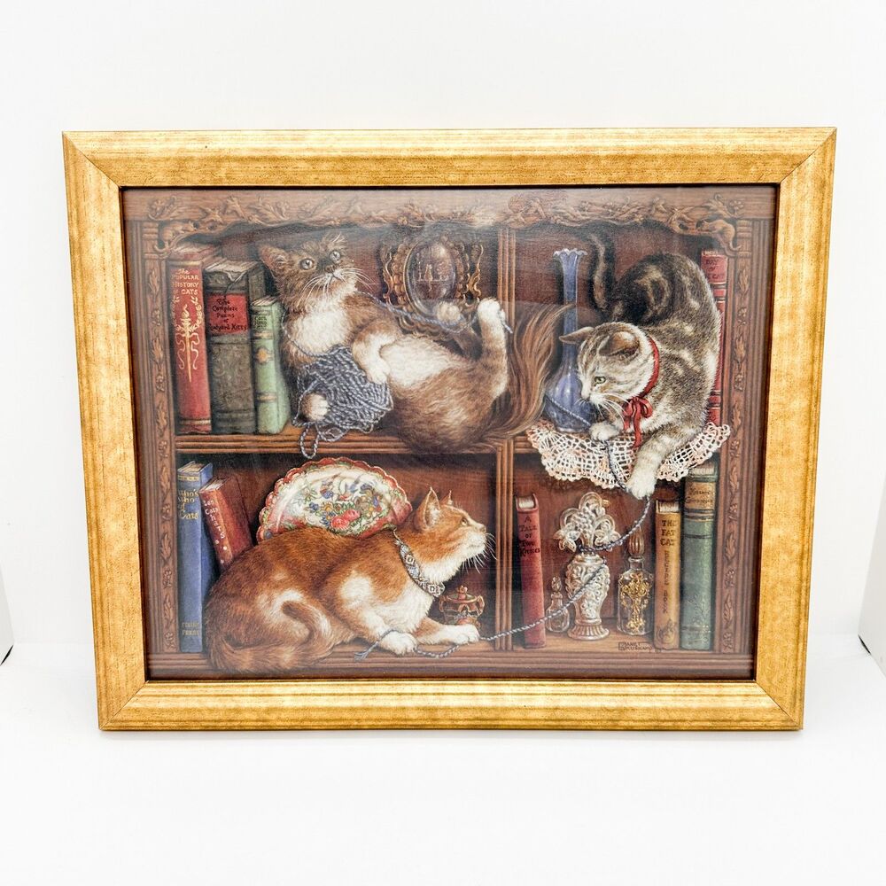 Vintage Framed Cats Print Books Library Mischeif Cottagecore